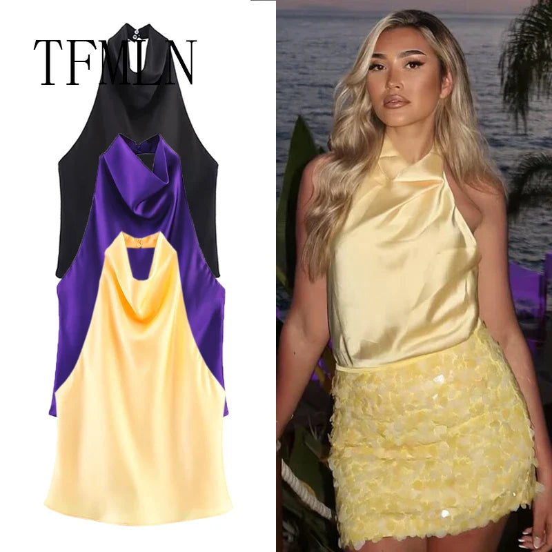 Chic Yellow Satin Halter Top